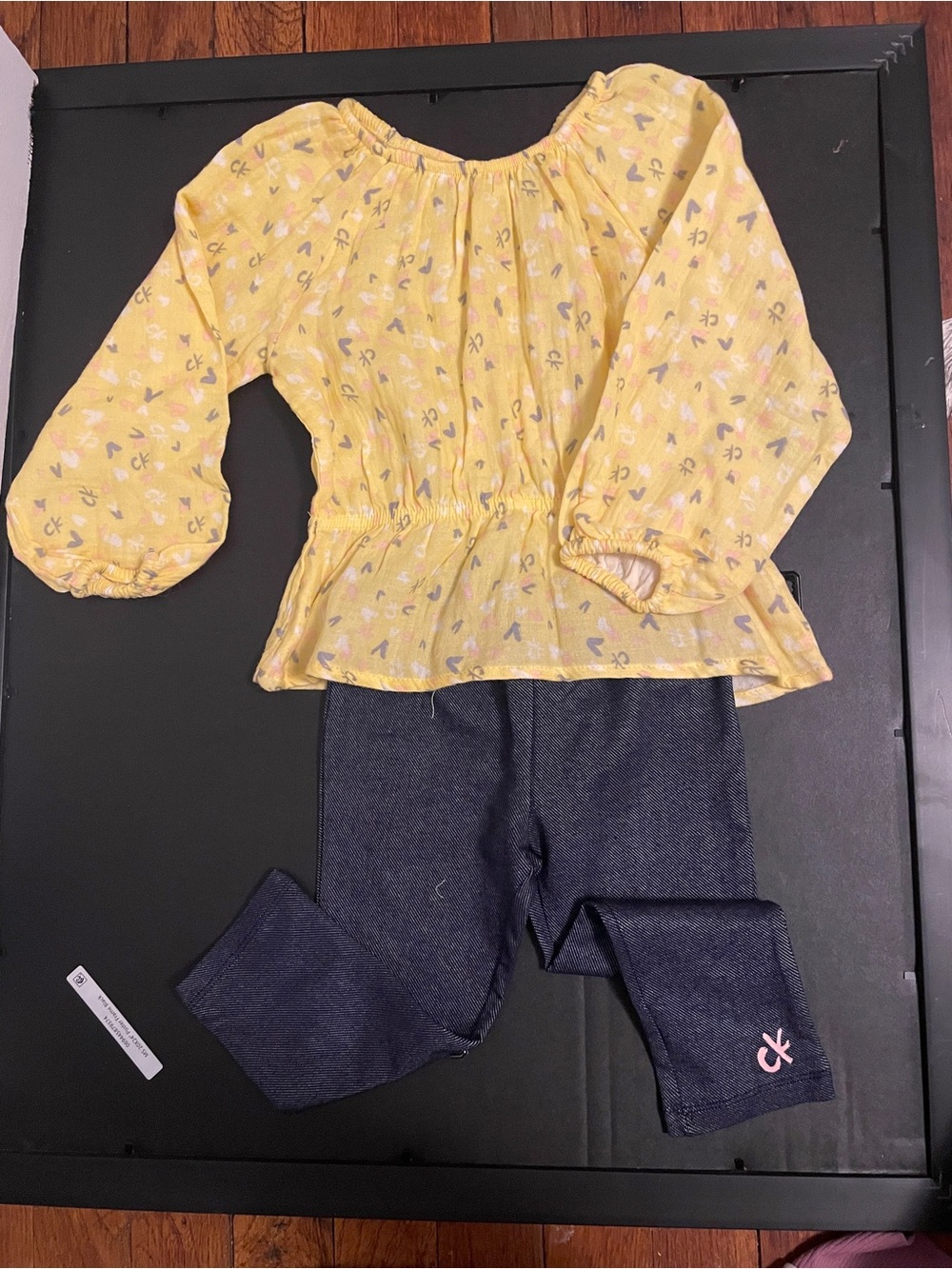 Calvin Klein Toddler Yellow Printed Peasant Top with Dark Denim Leggings
